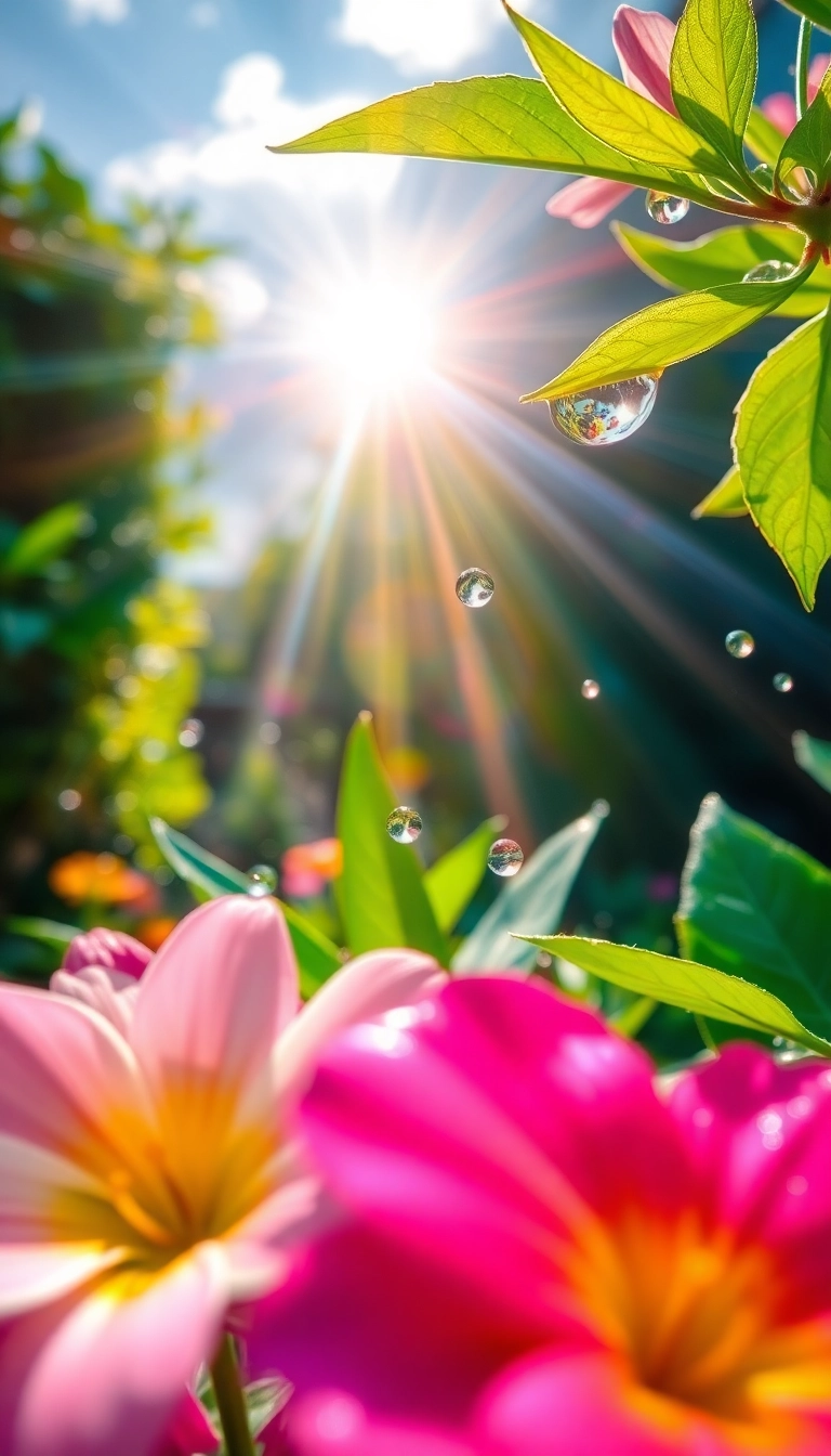 iPhone Sleek AI Spring Rain Garden Well-Lit Wallpaper Stock Photo